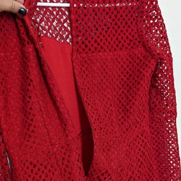 Women's Aqua Eyelet Mini Dress Red Bell Sleeve Geometric Lace Small Mock Neck - Picture 10 of 11